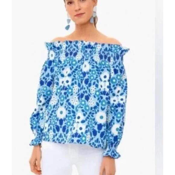 TUCKERNUCK Marguerite Blue Majolica Off Shoulder Ruffle Neck Top M - Picture 1 of 7